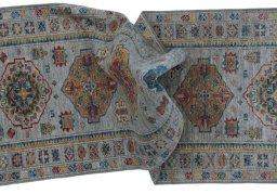 Full view of New Kazak rug from Pakistan, 250 × 80 cm in Beige tones