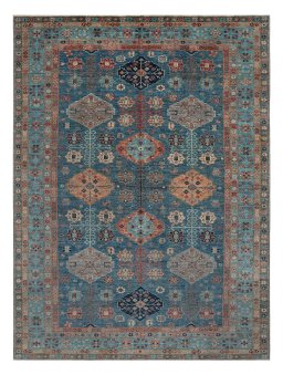 Full view of New Kazak rug from Pakistan, 388 × 282 cm in Blue tones