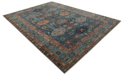 Corner detail of New Kazak rug showing border pattern and Wool pile