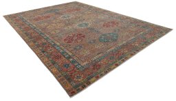 Corner detail of New Kazak rug showing border pattern and Wool pile