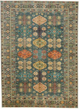 Full view of New Kazak rug from Pakistan, 430 × 312 cm in Blue tones