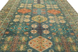 Backside of handmade New Kazak rug showing knot structure and weave density