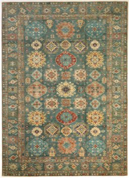 Full view of New Kazak rug from Pakistan, 429 × 310 cm in Green tones
