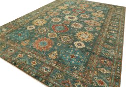 Backside of handmade New Kazak rug showing knot structure and weave density