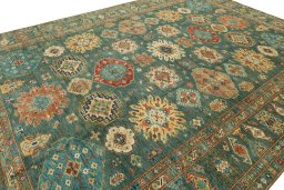 Full view of New Kazak rug from Pakistan, 429 × 310 cm in Green tones