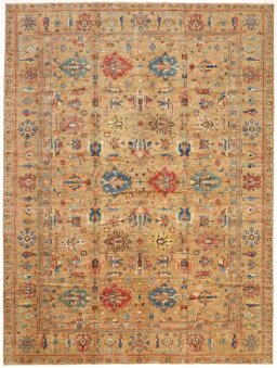 Full view of New Kazak rug from Pakistan, 404 × 302 cm in Yellow tones