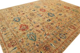 Full view of New Kazak rug from Pakistan, 404 × 302 cm in Yellow tones