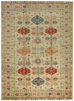 Full view of New Kazak rug from Pakistan, 416 × 302 cm in Gray tones