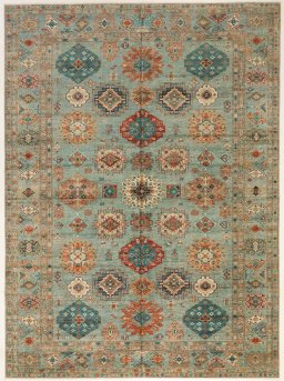 Full view of New Kazak rug from Pakistan, 373 × 273 cm in Blue tones
