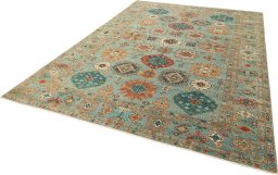 Corner detail of New Kazak rug showing border pattern and Wool pile