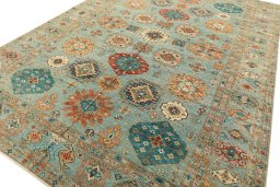 Backside of handmade New Kazak rug showing knot structure and weave density