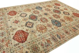 Corner detail of New Kazak rug showing border pattern and Wool pile