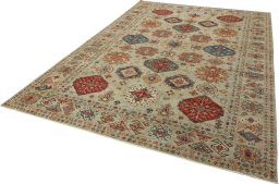 Corner detail of New Kazak rug showing border pattern and Wool pile