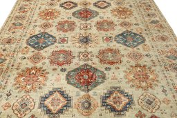 Full view of New Kazak rug from Pakistan, 372 × 274 cm in Gray tones