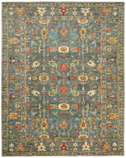 Full view of New Kazak rug from Pakistan, 310 × 247 cm in Blue tones