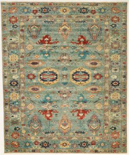Full view of New Kazak rug from Pakistan, 297 × 244 cm in Blue tones