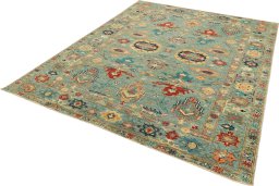 Corner detail of New Kazak rug showing border pattern and Wool pile