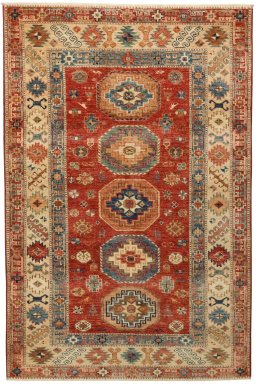 Full view of New Kazak rug from Pakistan, 186 × 123 cm in Red tones