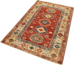 Corner detail of New Kazak rug showing border pattern and Wool pile