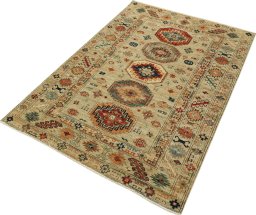 Corner detail of New Kazak rug showing border pattern and Wool pile