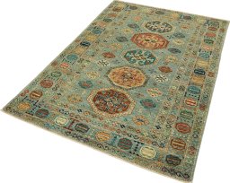Corner detail of New Kazak rug showing border pattern and Wool pile