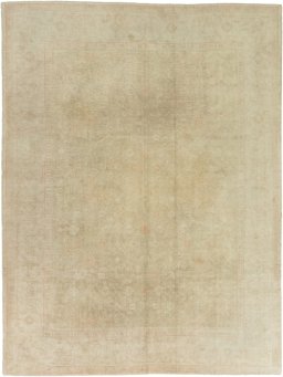 Full view of 1900s Oushak rug from Turkey, 340 × 258 cm in Beige tones
