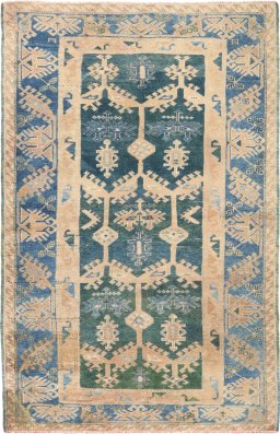 Full view of 1920s Oushak rug from Turkey, 187 × 121 cm in Green tones