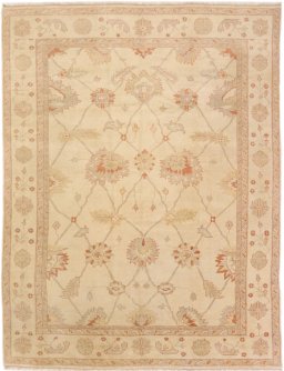 Full view of New Oushak rug from India, 364 × 282 cm in Beige tones