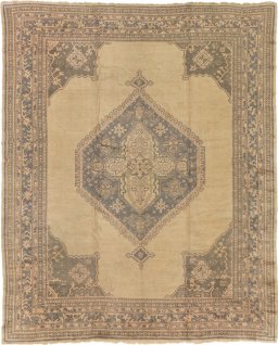Full view of 1920s Oushak rug from Turkey, 447 × 373 cm in Brown tones
