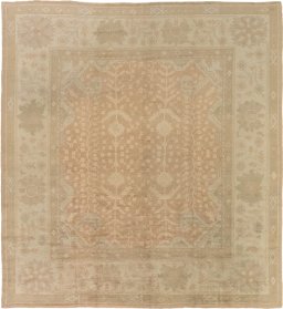 Full view of 1920s Oushak rug from Spain, 335 × 310 cm in Brown tones