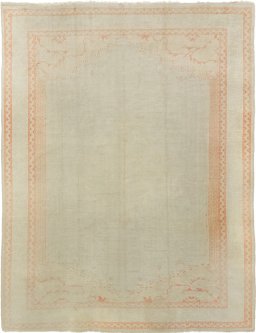 Full view of 1920s Oushak rug from Turkey, 378 × 287 cm in Beige tones