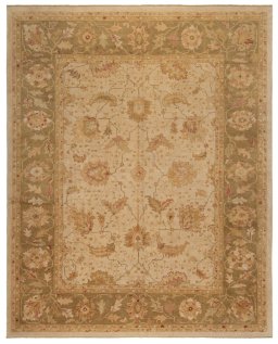Full view of New Oushak rug from Turkey, 400 × 320 cm in Beige tones