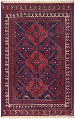 Full view of 1920s Sumakh rug from Iran / Persia, 231 × 150 cm in Dark blue tones