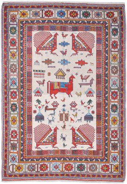 Full view of New Sumakh rug from Iran / Persia, 239 × 168 cm in Cream tones