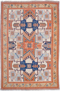 Full view of 1980s Sumakh rug from Iran / Persia, 213 × 140 cm in Cream tones