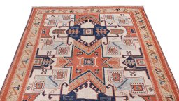 Surface texture of 1980s Sumakh rug with natural Wool and intricate pattern