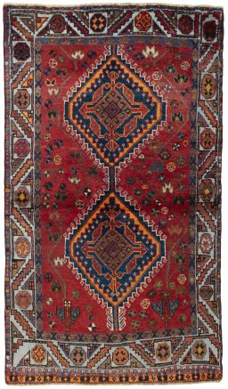 Full view of 2000s Shiraz rug from Iran / Persia, 193 × 111 cm in Red tones