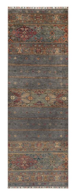 Full view of New Samarkand rug from Pakistan, 251 × 82 cm in Gray tones