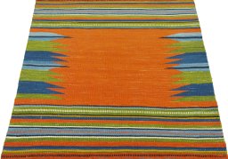 Close-up detail of New Kilim Sofre rug from Turkey showing Wool weave