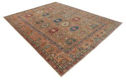 Corner detail of New Kazak rug showing border pattern and Wool pile