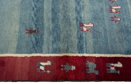 Close-up detail of 2000s Persian Gabbeh rug from Pakistan showing Wool weave