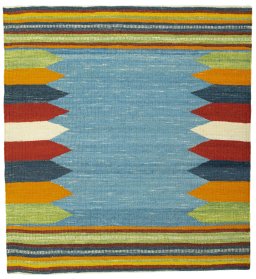 Full view of New Kilim Sofre rug from Turkey, 115 × 107 cm in Multi Color tones