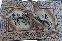 Full view of New Kazak rug from Pakistan, 182 × 128 cm in Beige tones