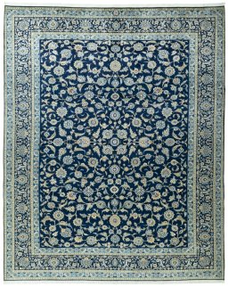 Full view of 2000s Kashan rug from Iran / Persia, 392 × 317 cm in Blue tones