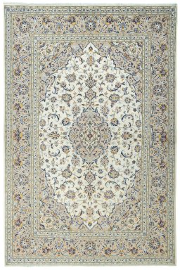 Full view of 2000s Kashan rug from Iran / Persia, 296 × 197 cm in Beige tones