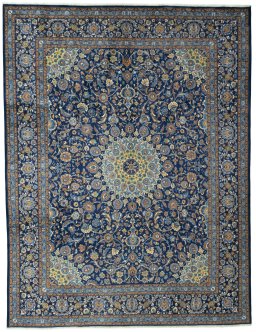 Full view of 2000s Kashmar rug from Iran / Persia, 393 × 300 cm in Blue tones