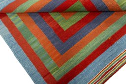 Full view of New Kilim Sofre rug from Turkey, 104 × 98 cm in Multi Color tones
