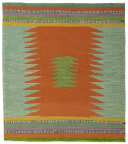 Full view of New Kilim Sofre rug from Turkey, 107 × 94 cm in Multi Color tones