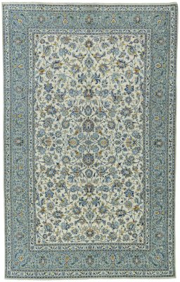 Full view of 2000s Kashan rug from Iran / Persia, 356 × 222 cm in Beige tones