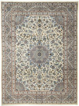Full view of New Kashmar rug from Iran / Persia, 392 × 296 cm in Beige tones